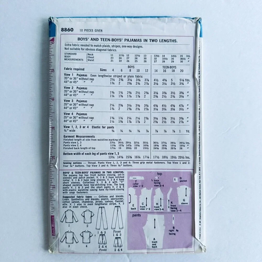 1970s Simplicity Sewing Pattern 8860 Pajamas Boys Size 16 V-Neck Button UNCUT